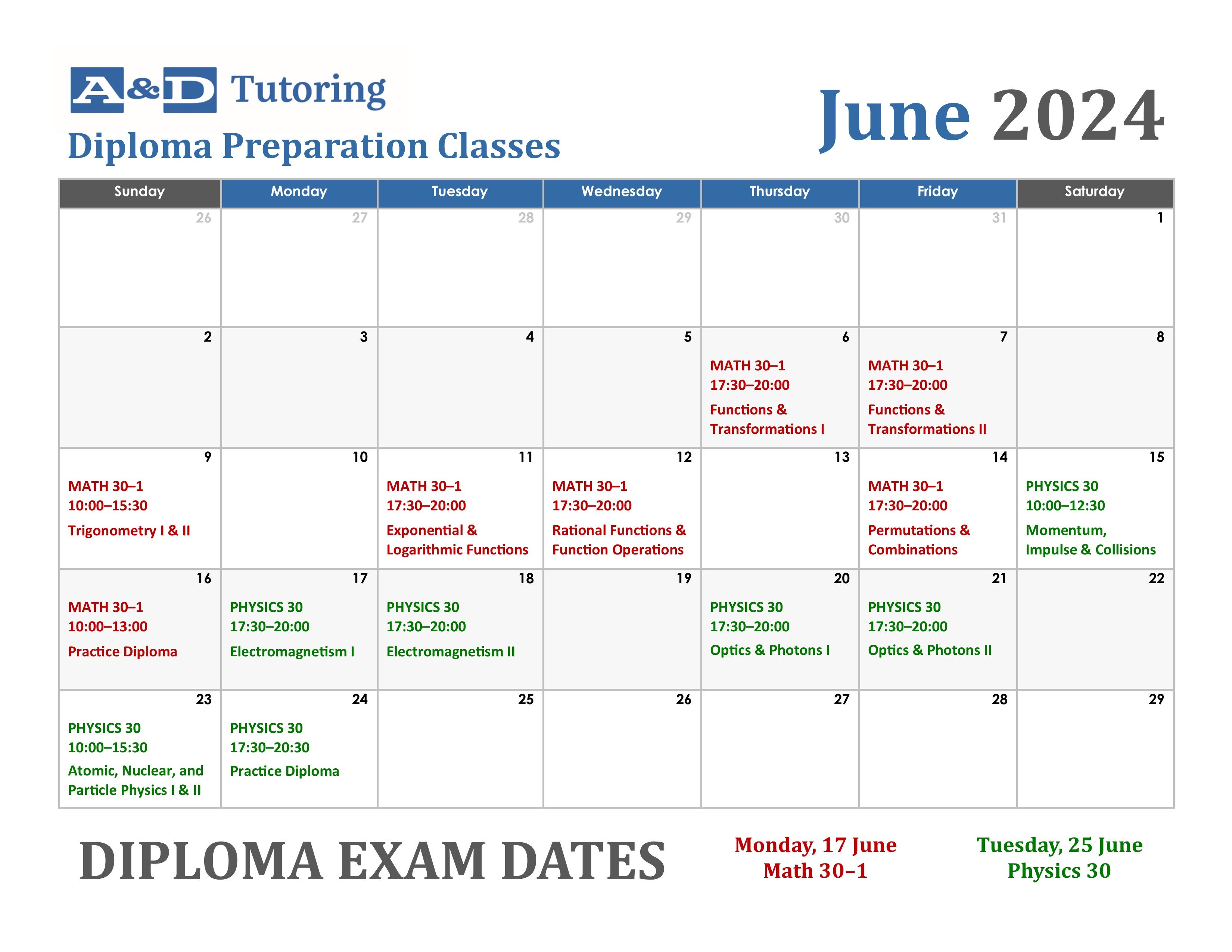 Diploma preparation classes calendar.